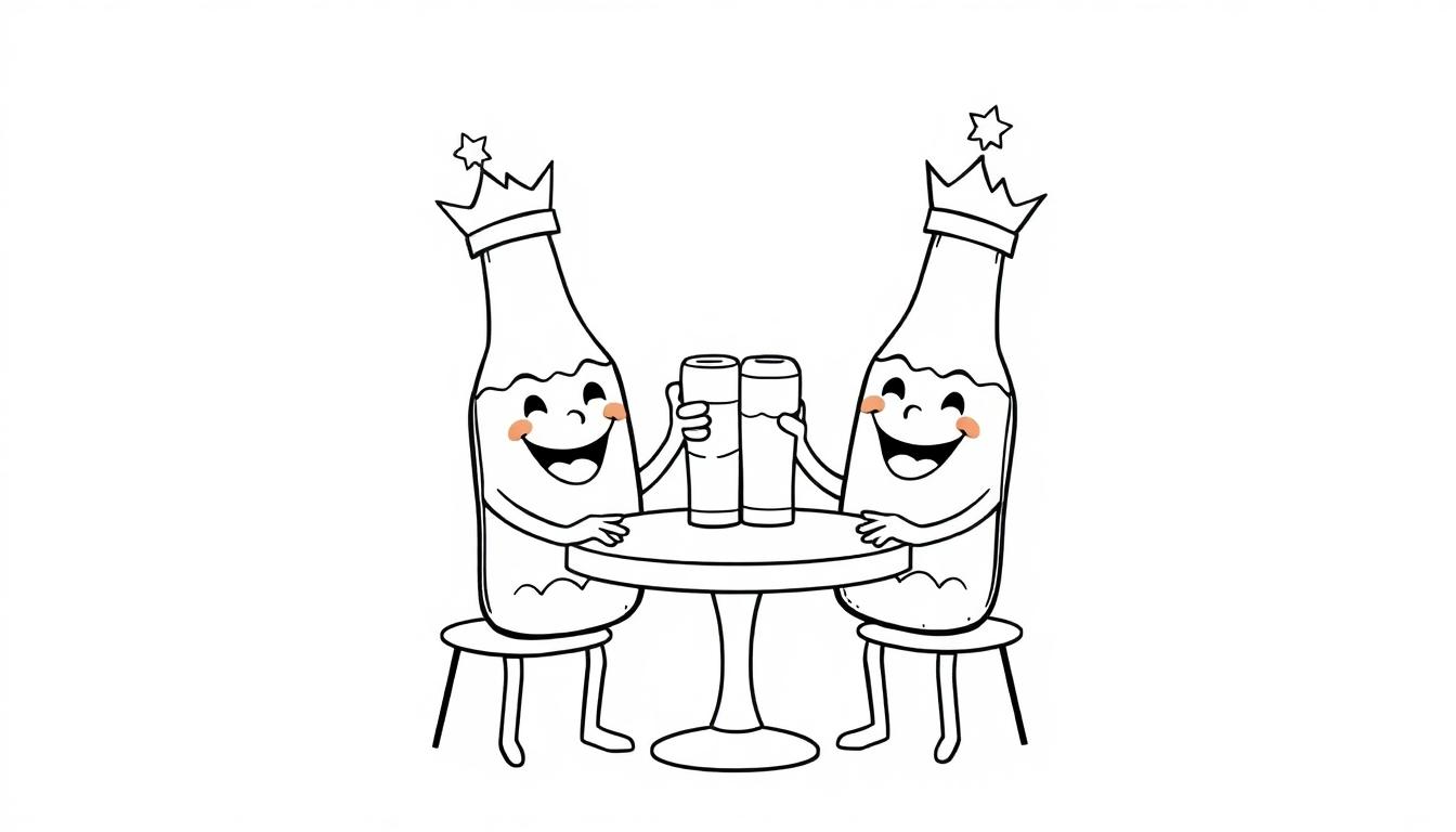 Zwei animierte Bierflaschen mit Kronen auf dem Kopf und lächelnden Gesichtern stoßen mit Biergläsern an.