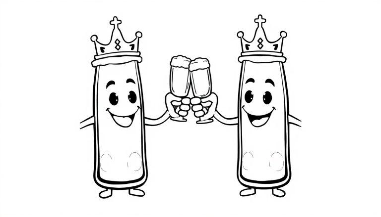 Zwei anthropomorphe Bierflaschen mit Kronen stoßen an