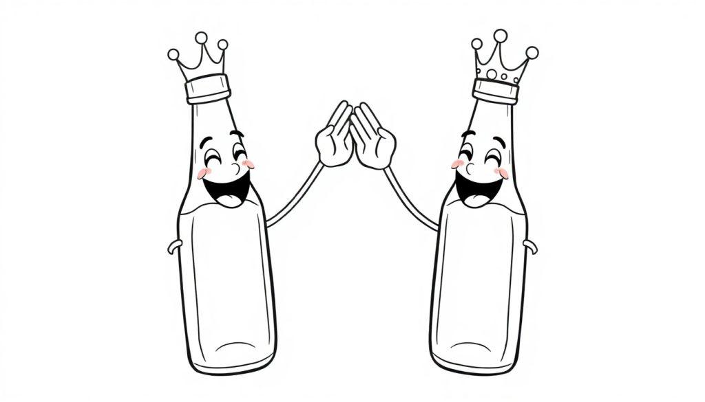 Zwei Cartoon-Bierflaschen mit Kronen und breitem Grinsen geben sich die Hand auf weißem Hintergrund.