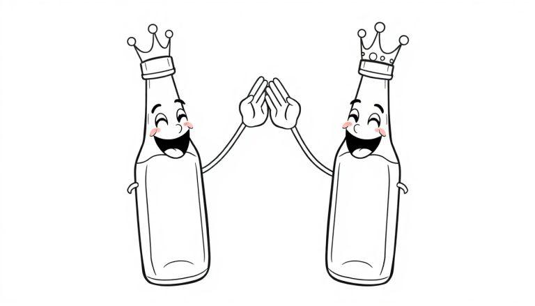 Zwei Cartoon-Bierflaschen mit Kronen und breitem Grinsen geben sich die Hand auf weißem Hintergrund.