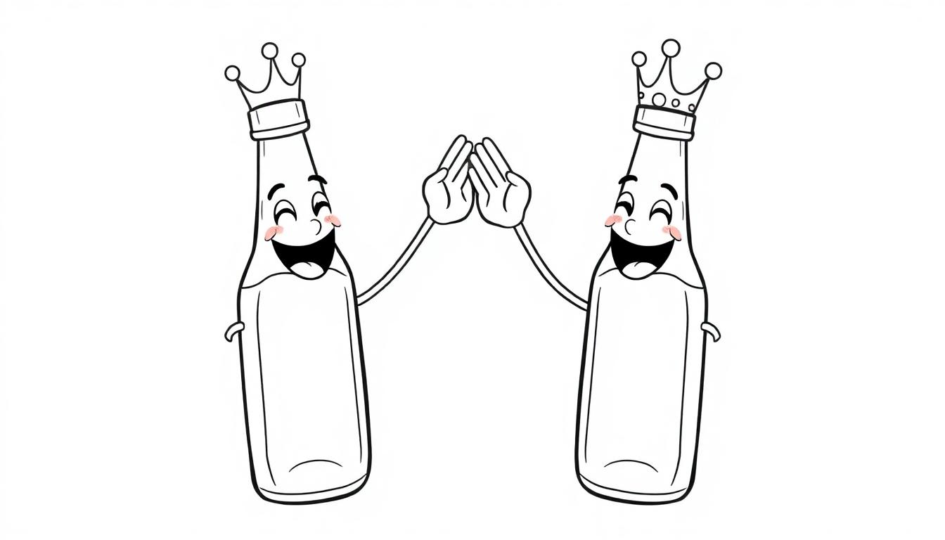 Zwei Cartoon-Bierflaschen mit Kronen und breitem Grinsen geben sich die Hand auf weißem Hintergrund.