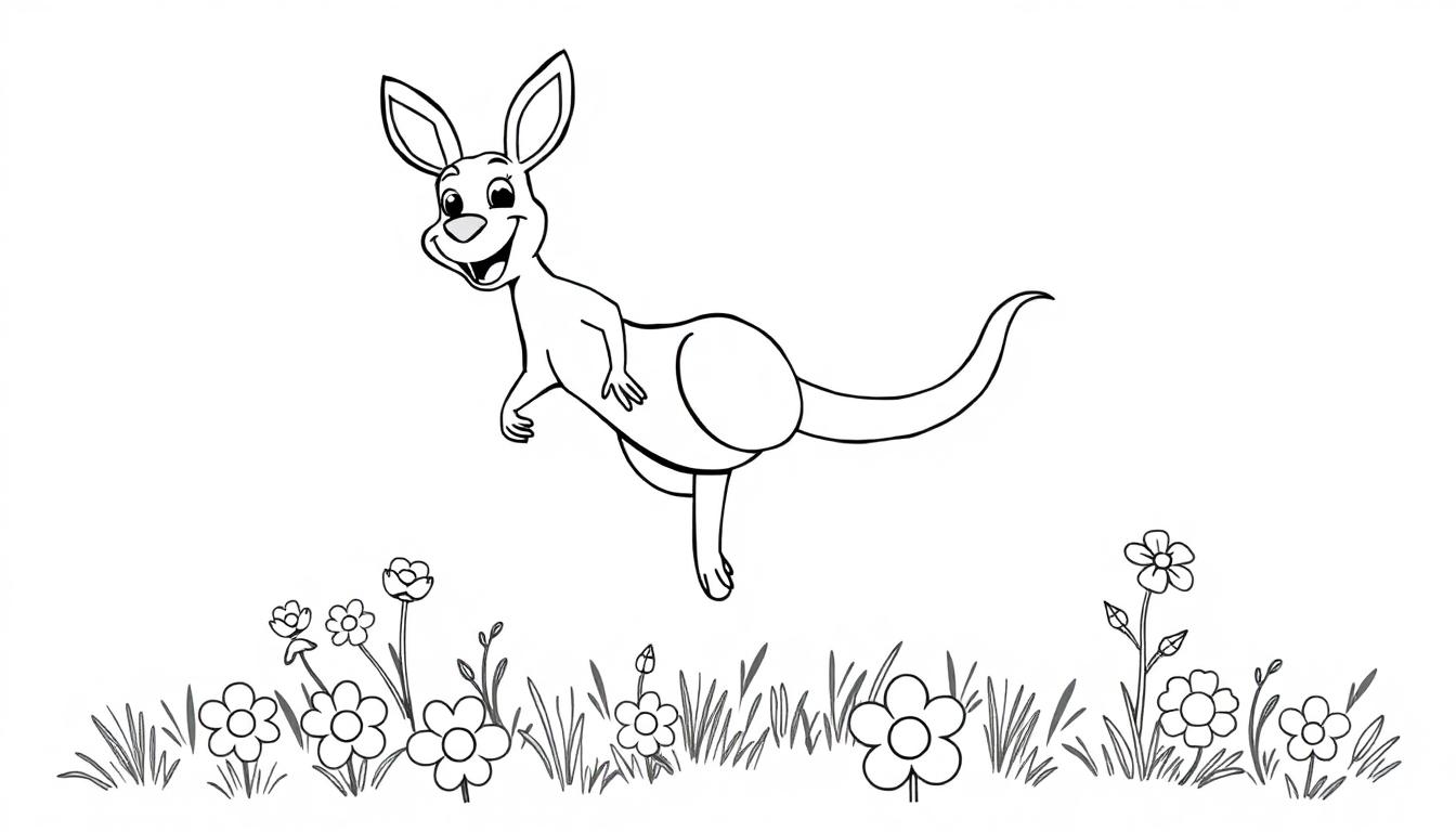 Eine Schwarz-Weiß-Farbtafel-Zeichnung eines Cartoon-Kängurus, das über Blumen springt.