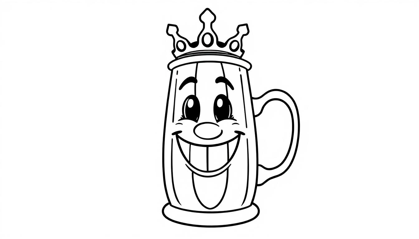Cartoon-Bierkrug mit einem lächelnden Gesicht und einer Krone