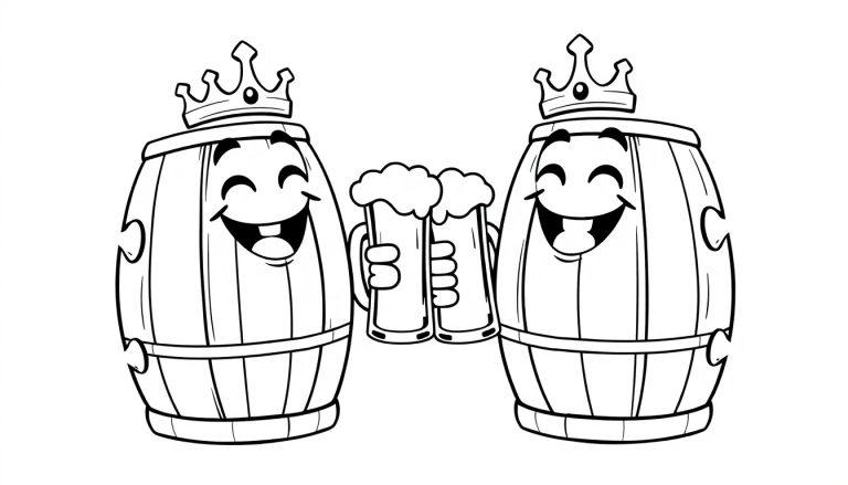 Zwei Cartoon-Bierfässer mit Kronen, die lächelnd Bierkrüge hochhalten und anstoßen.