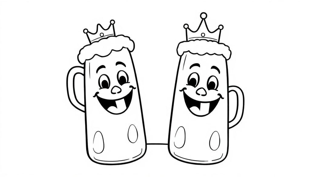Zwei Cartoon-Bierkrüge mit Gesichtern und Kronen.