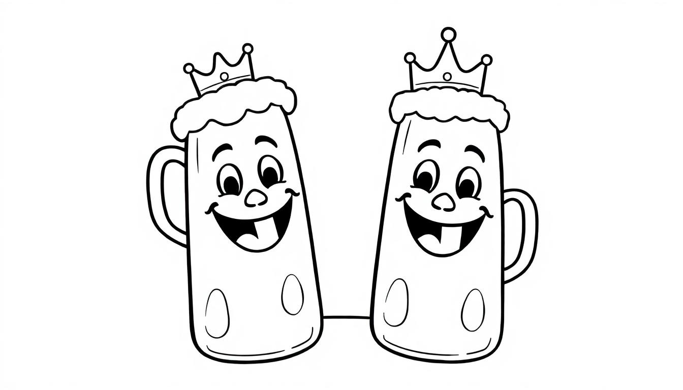 Zwei Cartoon-Bierkrüge mit Gesichtern und Kronen.