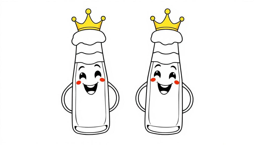 Zwei fröhliche Bierflaschen mit Kronen und roten Wangen