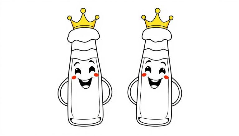 Zwei fröhliche Bierflaschen mit Kronen und roten Wangen