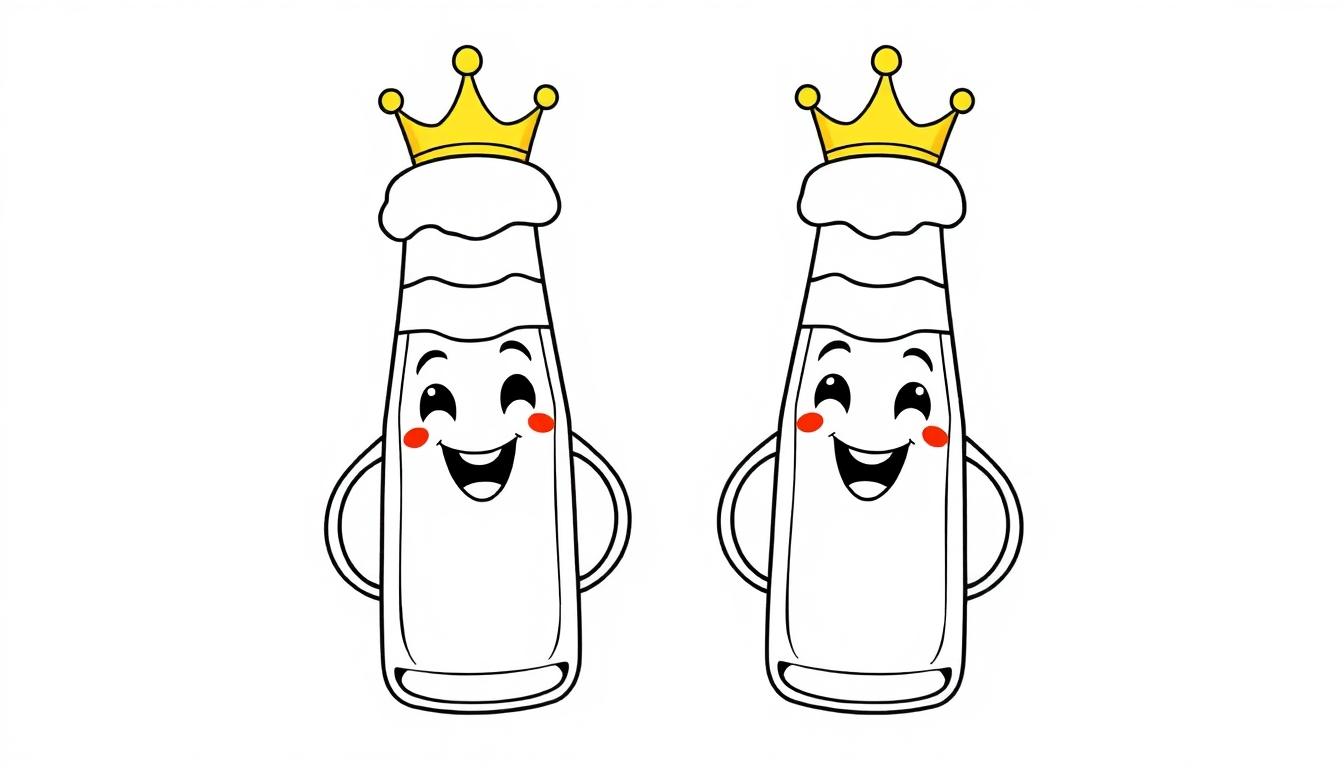 Zwei fröhliche Bierflaschen mit Kronen und roten Wangen