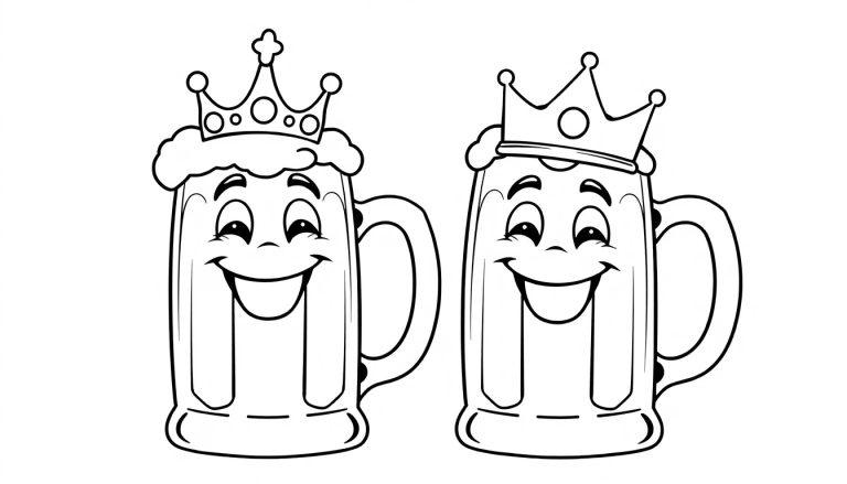 Zwei schwarz-weiße Cartoon-Bierkrüge mit lächelnden Gesichtern und Kronen auf dem Schaum.