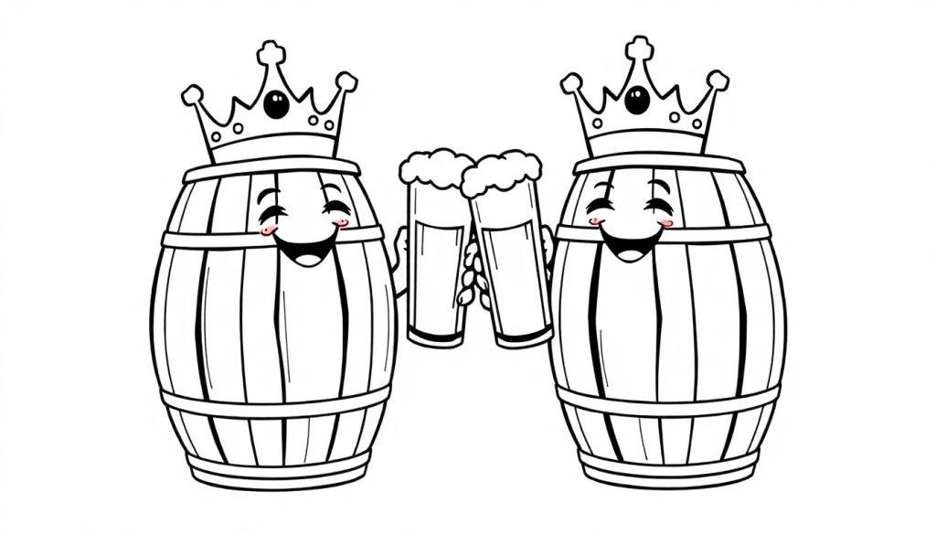 Zwei königliche Bierfässer mit Kronen stoßen mit Bierhumpen an