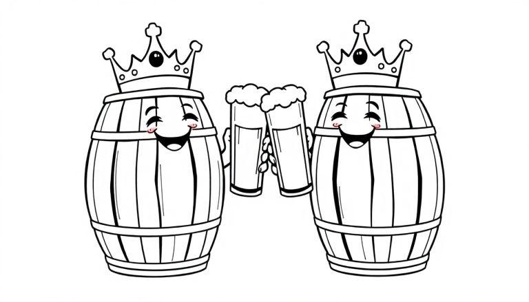 Zwei königliche Bierfässer mit Kronen stoßen mit Bierhumpen an