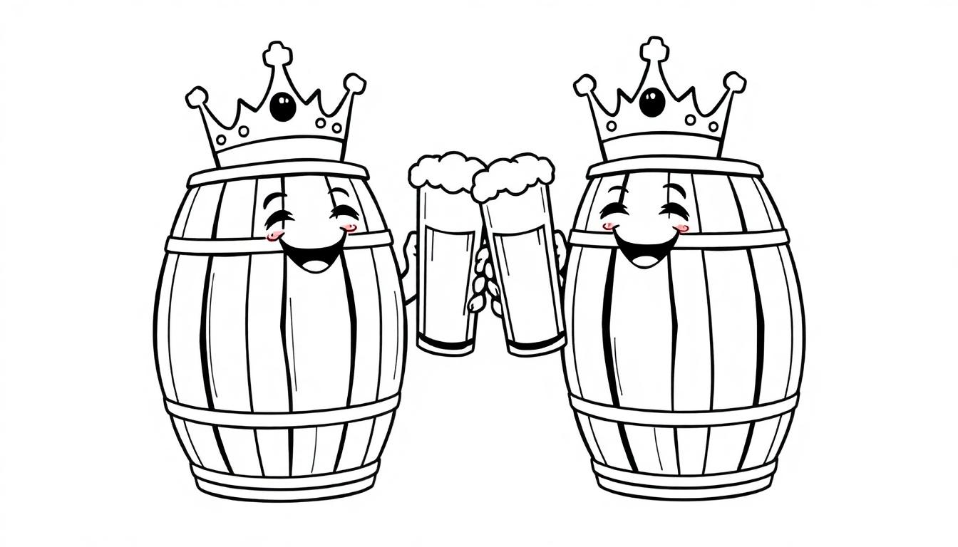 Zwei königliche Bierfässer mit Kronen stoßen mit Bierhumpen an