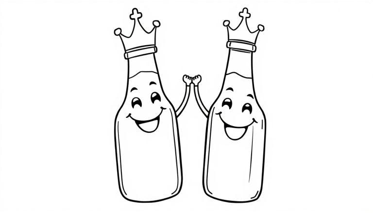 Zwei schwarz-weiße Cartoon-Bierflaschen mit Kronen und lächelnden Gesichtern geben sich die Hand.