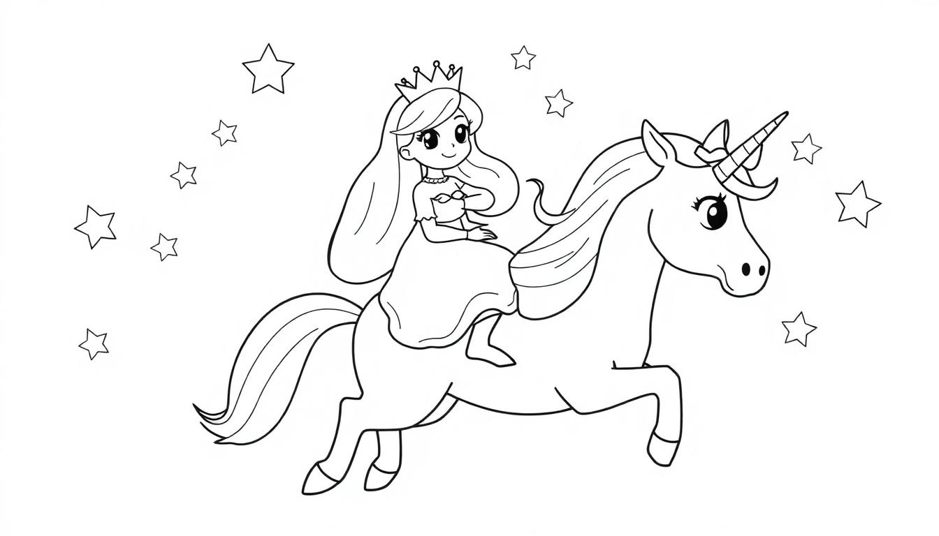 Schwarz-Weiß-Cartoon einer Prinzessin mit Krone auf einem Einhorn mit Krone, umgeben von Sternen.
