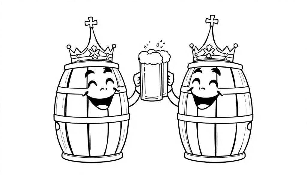 Zwei lachende Bierfässer mit Kronen und einem Bierglas
