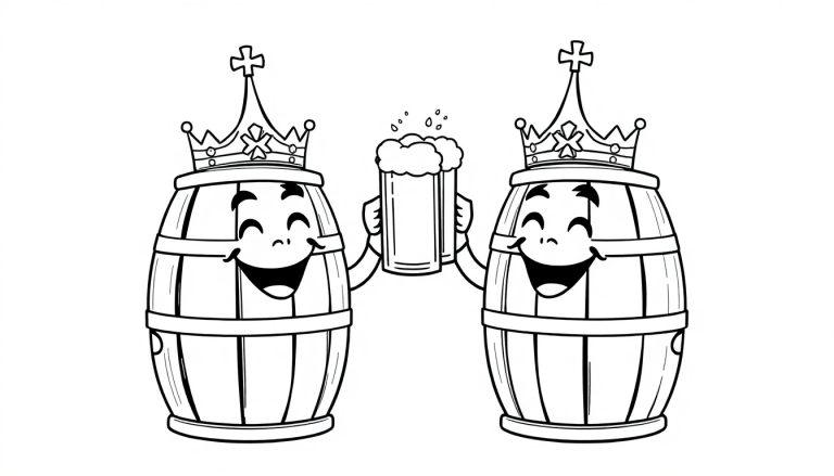 Zwei lachende Bierfässer mit Kronen und einem Bierglas