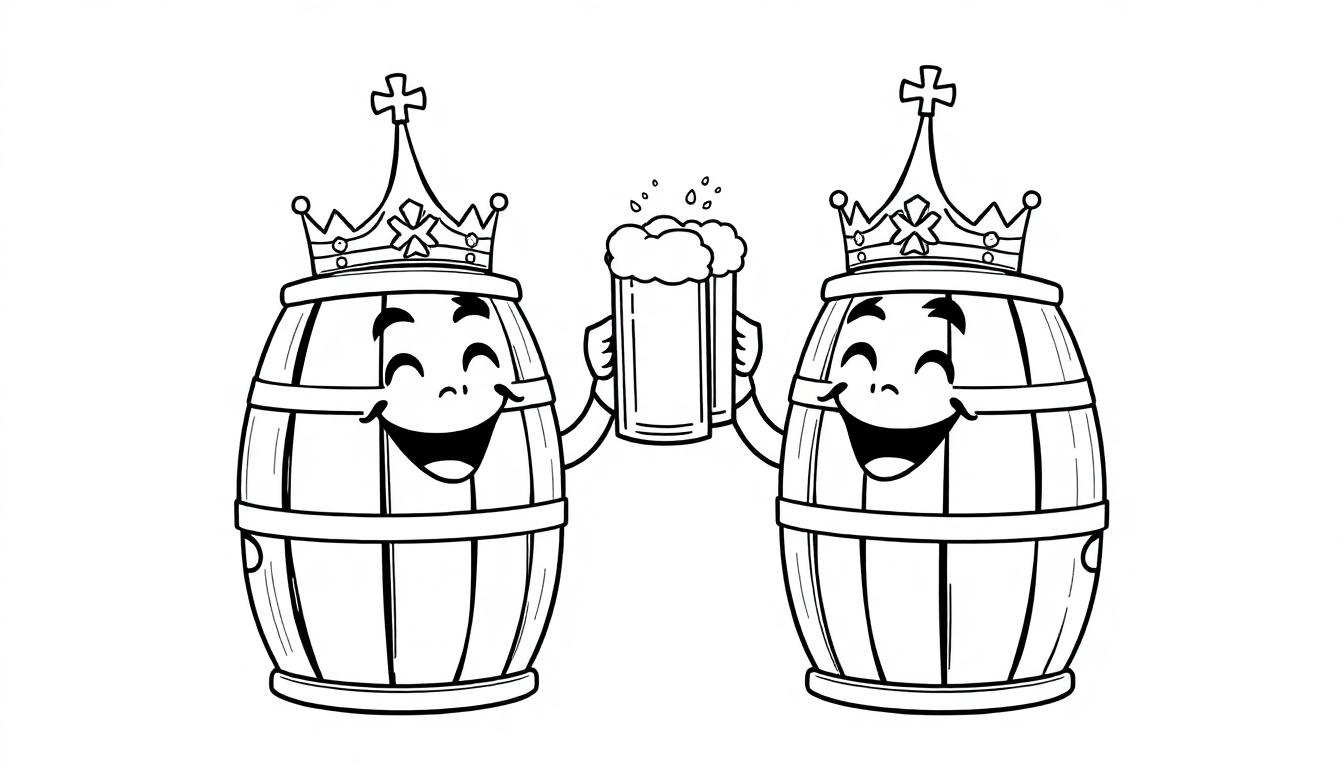 Zwei lachende Bierfässer mit Kronen und einem Bierglas