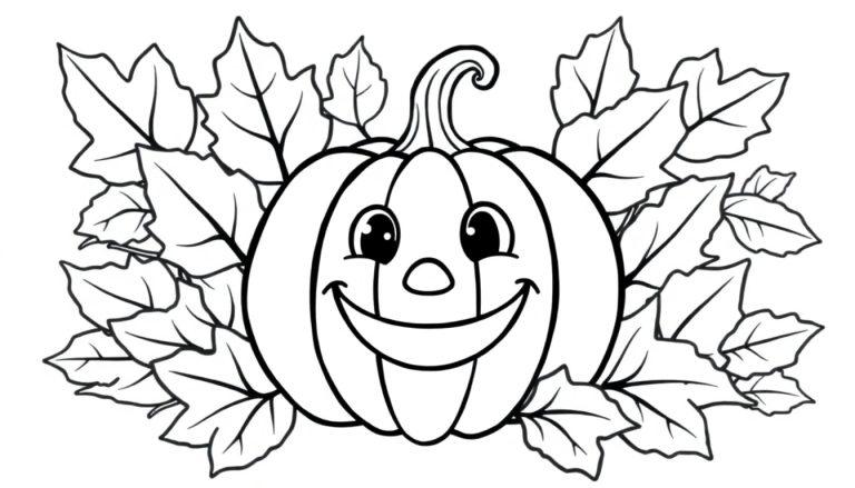 Eine Schwarz-Weiß-Farbtafel-Zeichnung eines fröhlichen Kürbisgesichts mit einem Stiel, umgeben von Herbstlaub.