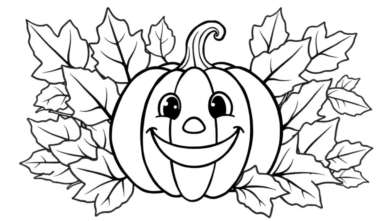 Eine Schwarz-Weiß-Farbtafel-Zeichnung eines fröhlichen Kürbisgesichts mit einem Stiel, umgeben von Herbstlaub.
