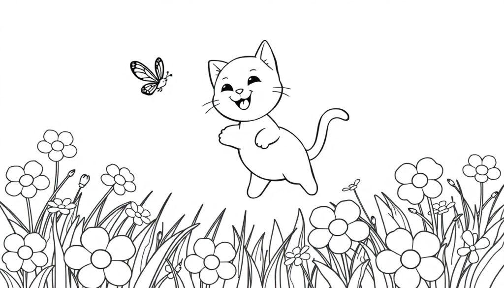 Ein süßes, cartoonhaftes Kätzchen springt fröhlich neben einem Schmetterling in einer Blumenwiese, bereit zum Ausmalen.