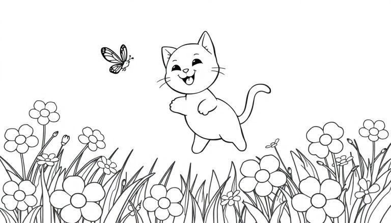 Ein süßes, cartoonhaftes Kätzchen springt fröhlich neben einem Schmetterling in einer Blumenwiese, bereit zum Ausmalen.