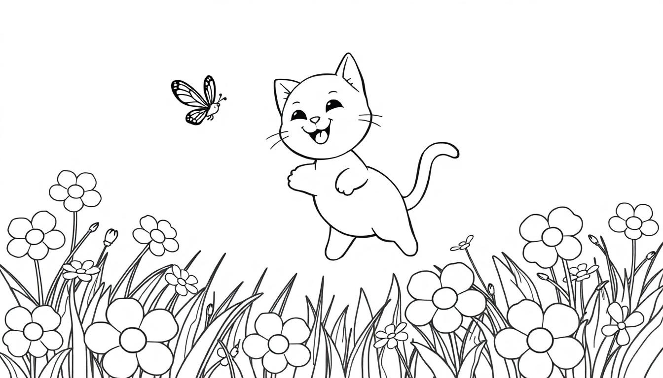 Ein süßes, cartoonhaftes Kätzchen springt fröhlich neben einem Schmetterling in einer Blumenwiese, bereit zum Ausmalen.
