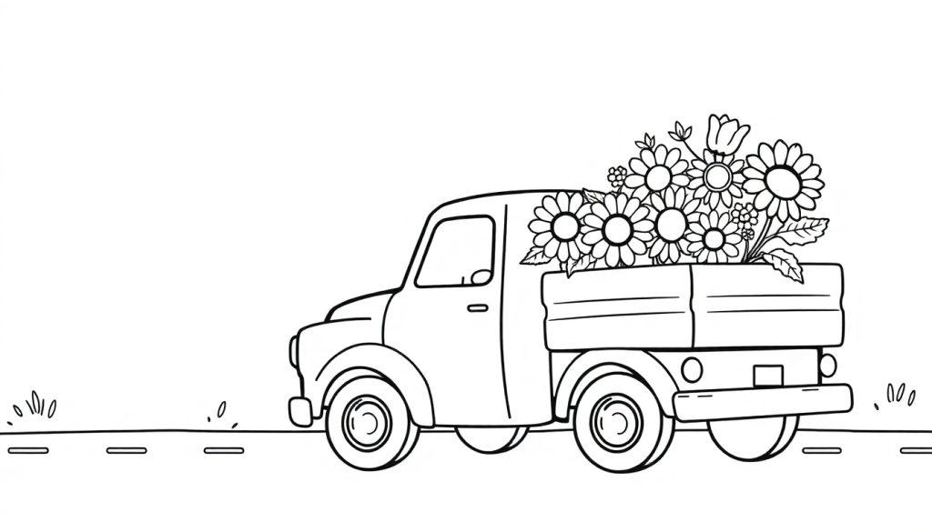 Schwarz-weiß-Farbtafel-Illustration eines Oldtimer-Pickups, der mit Blumen beladen ist.