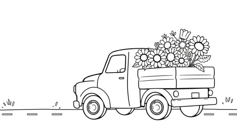 Schwarz-weiß-Farbtafel-Illustration eines Oldtimer-Pickups, der mit Blumen beladen ist.