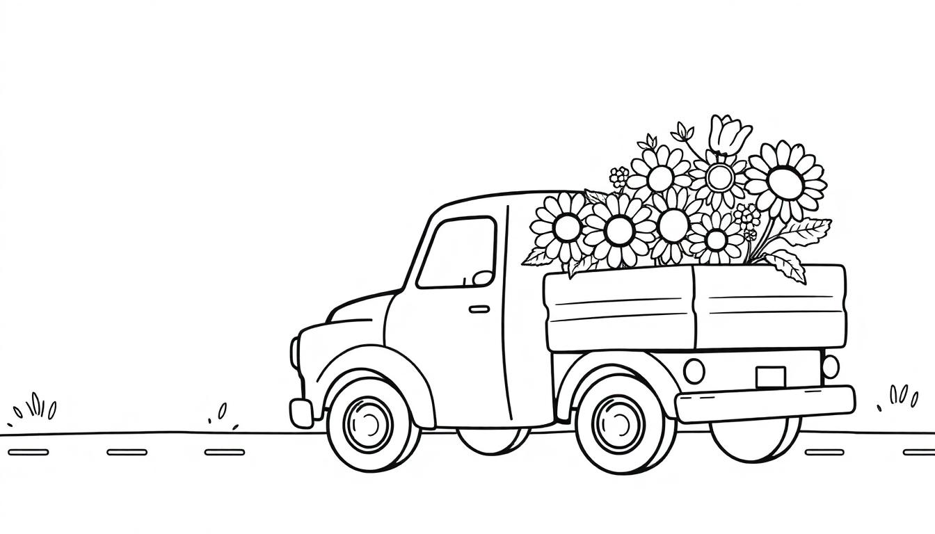 Schwarz-weiß-Farbtafel-Illustration eines Oldtimer-Pickups, der mit Blumen beladen ist.