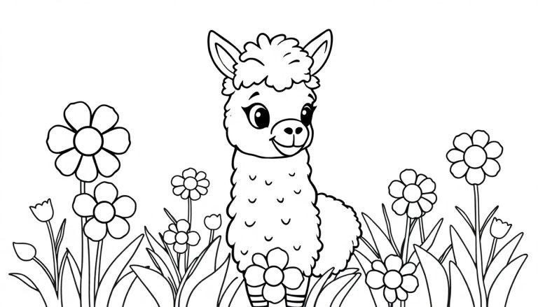 Schwarz-weiße Farbtafel eines niedlichen Lamas mit einem freundlichen Gesicht, das inmitten einer bunten Wiese voller Blumen steht.