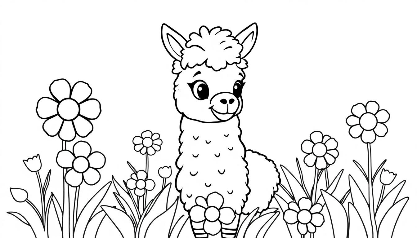 Schwarz-weiße Farbtafel eines niedlichen Lamas mit einem freundlichen Gesicht, das inmitten einer bunten Wiese voller Blumen steht.