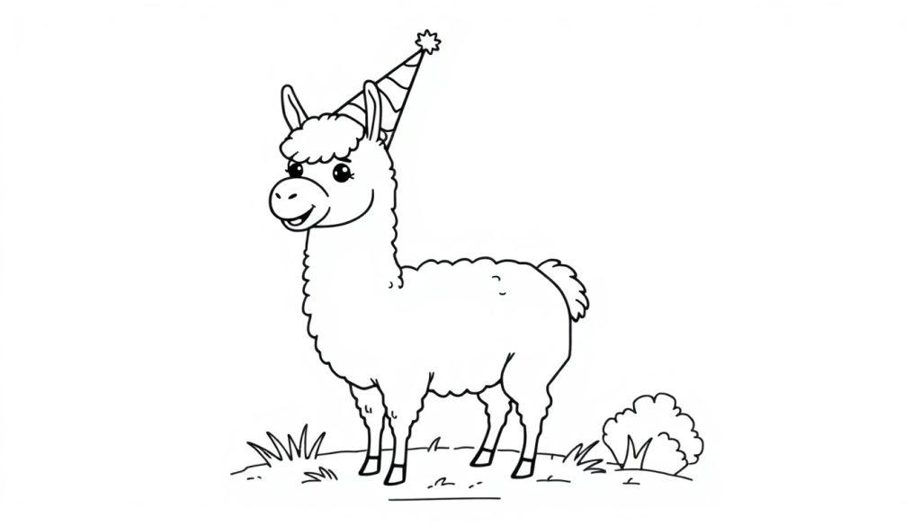 Eine schwarz-weiße Farbtafelzeichnung eines lächelnden Lamas mit Geburtstagshut auf einer Wiese.