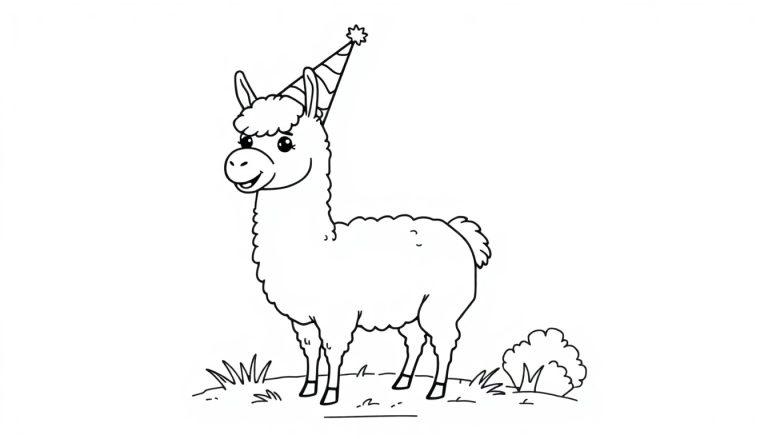 Eine schwarz-weiße Farbtafelzeichnung eines lächelnden Lamas mit Geburtstagshut auf einer Wiese.