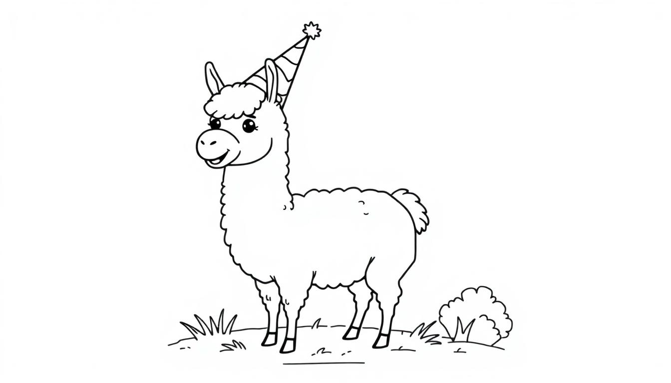 Eine schwarz-weiße Farbtafelzeichnung eines lächelnden Lamas mit Geburtstagshut auf einer Wiese.