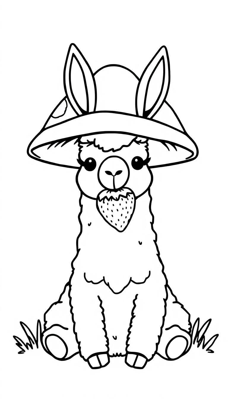 Zeichnung eines Lamas mit Pilzhut, das eine Erdbeere frisst