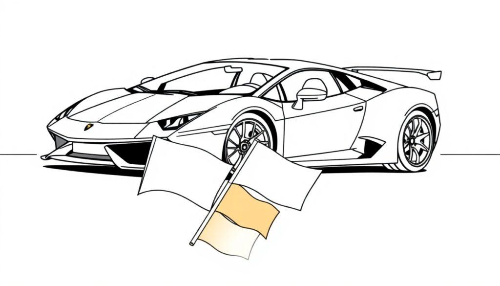 Farbtafel eines stilisierten Lamborghini Sportwagens in Schwarz-Weiß mit zwei wehenden Flaggen davor.