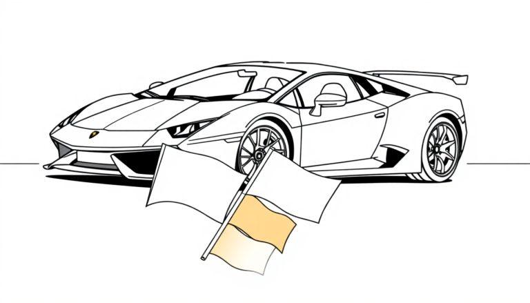 Farbtafel eines stilisierten Lamborghini Sportwagens in Schwarz-Weiß mit zwei wehenden Flaggen davor.