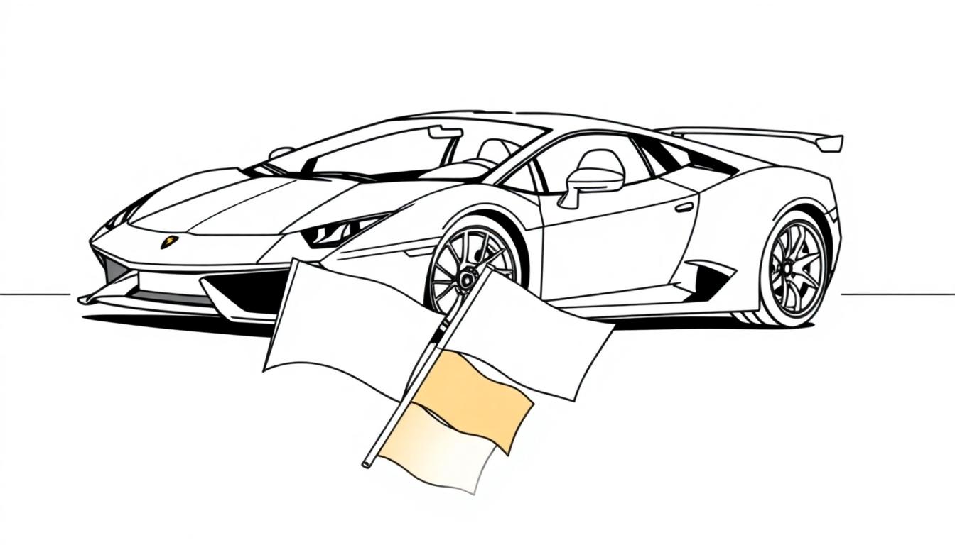 Farbtafel eines stilisierten Lamborghini Sportwagens in Schwarz-Weiß mit zwei wehenden Flaggen davor.