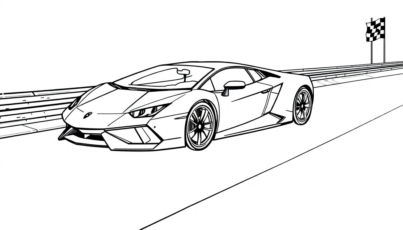 Schwarz-Weiß-Farbtafel eines Lamborghini auf einer Rennstrecke