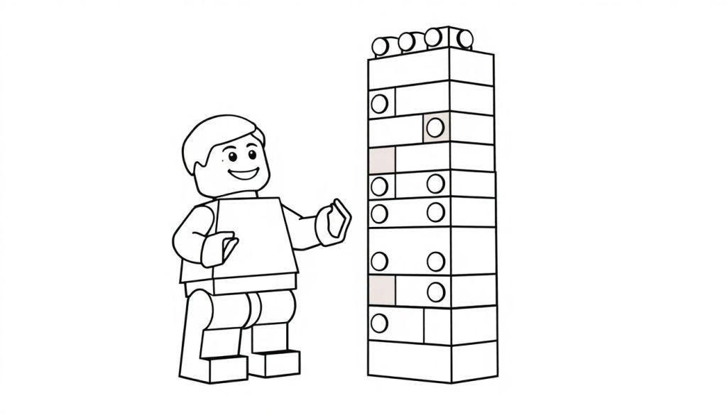 Schwarz-weiße Farbtafel einer Lego-Figur, die auf einen hohen Lego-Turm zeigt.