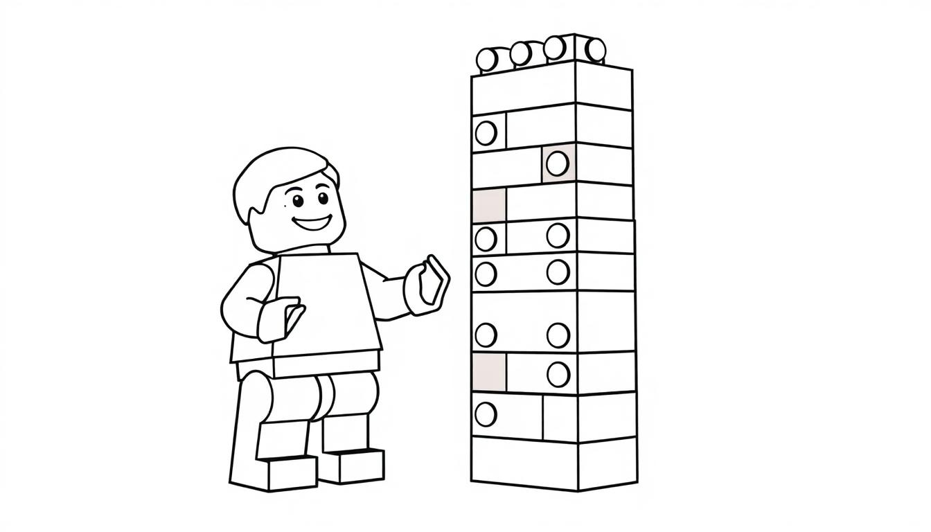 Schwarz-weiße Farbtafel einer Lego-Figur, die auf einen hohen Lego-Turm zeigt.