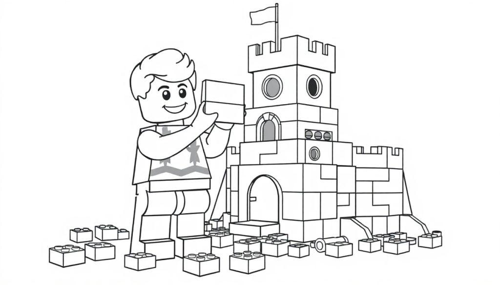 Schwarz-Weiß-Farbtafel eines Lego-Jungen, der ein Lego-Schloss baut.