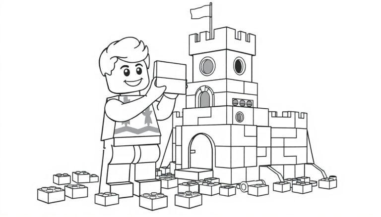 Schwarz-Weiß-Farbtafel eines Lego-Jungen, der ein Lego-Schloss baut.
