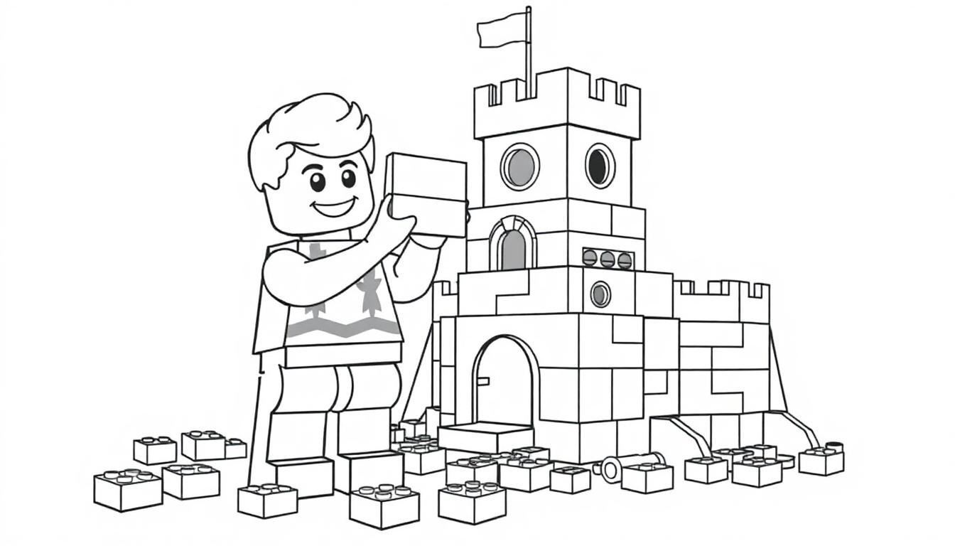 Schwarz-Weiß-Farbtafel eines Lego-Jungen, der ein Lego-Schloss baut.