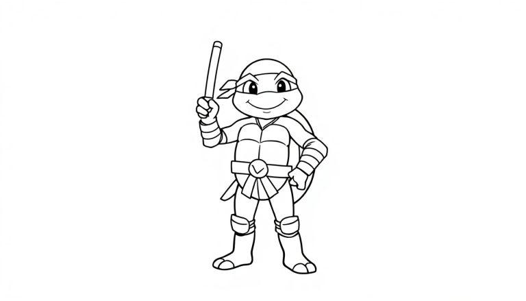Schwarz-weißer Umriss einer niedlichen Leonardo-Figur aus Teenage Mutant Ninja Turtles, bereit zum Ausmalen als Farbtafel.