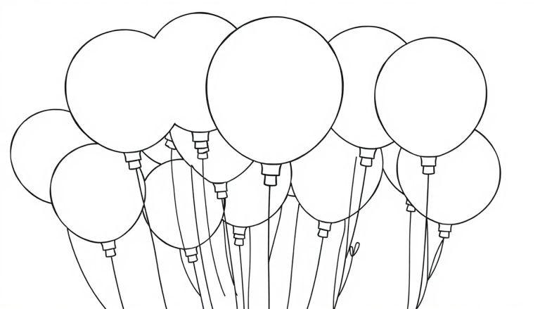 Schwarz-weiße Farbtafel von Ballons mit Schnüren, gebündelt auf einer Seite des Bildes.
