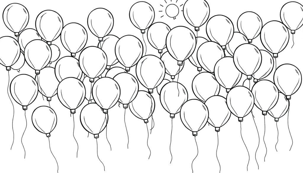 Farbtafel mit vielen unbemalten Luftballons, die an Fäden hängen, mit einer kleinen Sonne darüber.