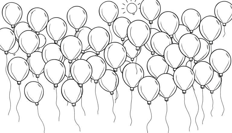 Farbtafel mit vielen unbemalten Luftballons, die an Fäden hängen, mit einer kleinen Sonne darüber.