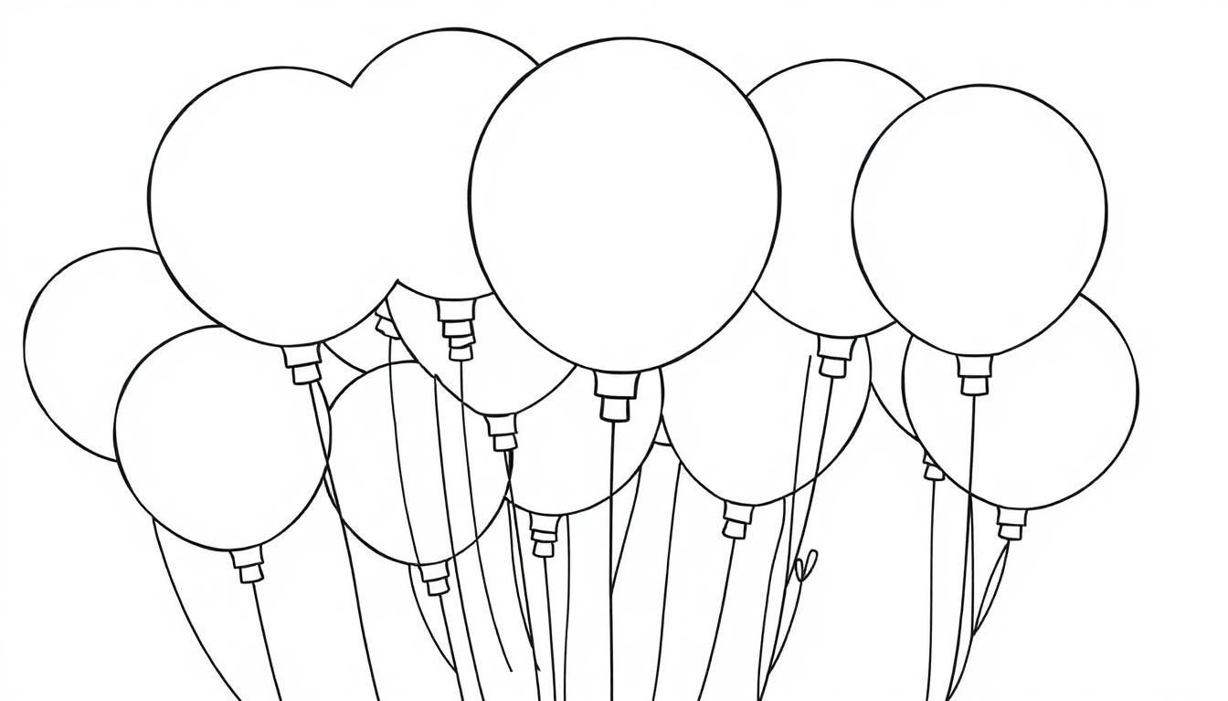 Schwarz-weiße Farbtafel von Ballons mit Schnüren, gebündelt auf einer Seite des Bildes.